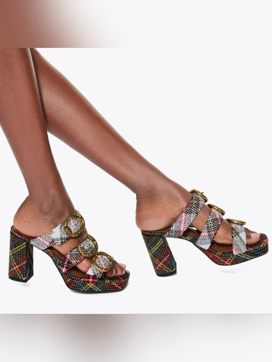 Kurt Geiger Shoes - Kurt Geiger Heeled Mules 10 Plaid Mayfair Buckle Chunky Platform Sandal New $245